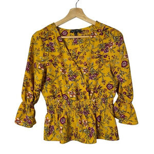 Moa Moa Yellow Floral Smocked Waist Long Sleeve Top S